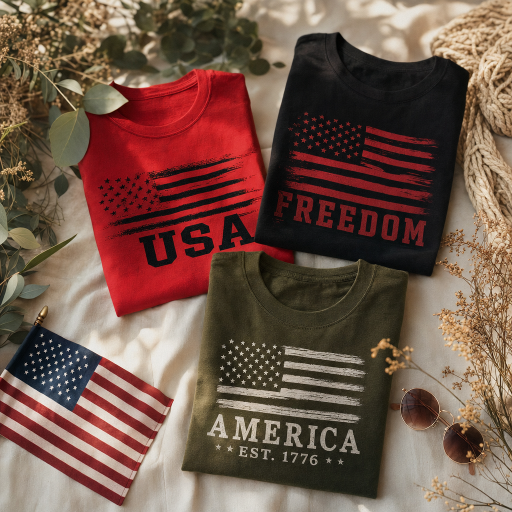 A flat-lay of three folded patriotic tees with wildflowers, eucalyptus, and a small American flag