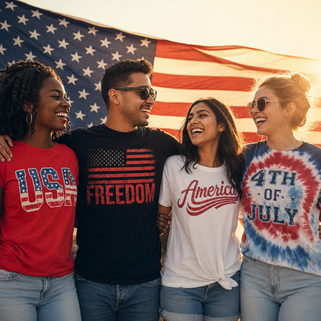 Multicultural friends laughing in front of an American flag, wearing Peace of Goods tees